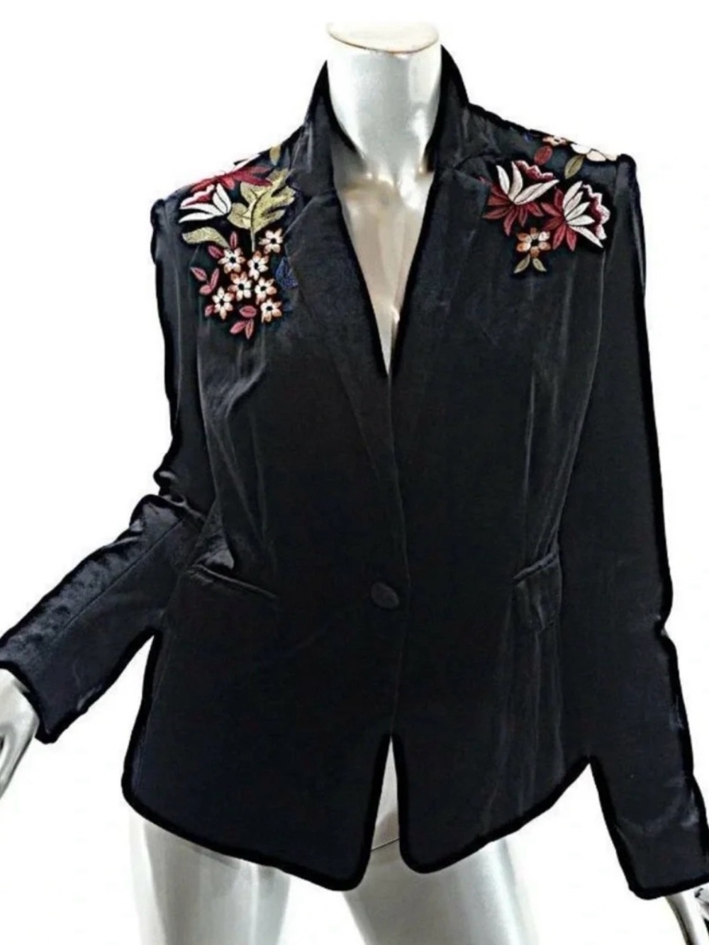 Lucy Paris Black Velvet Blazer with Floral Embroidery
